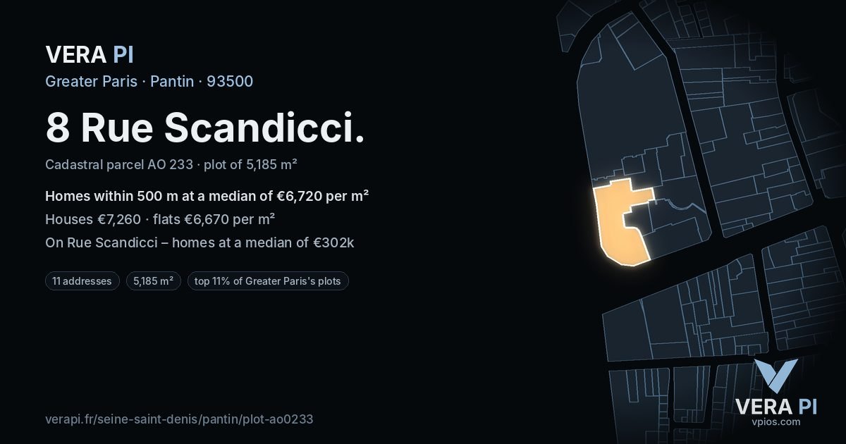 8 Rue Scandicci, Pantin at night – the plot lit, the parcels around coloured by the prices near them