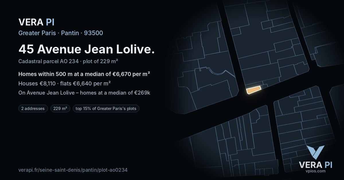 45 Avenue Jean Lolive, Pantin at night – the plot lit, the parcels around coloured by the prices near them