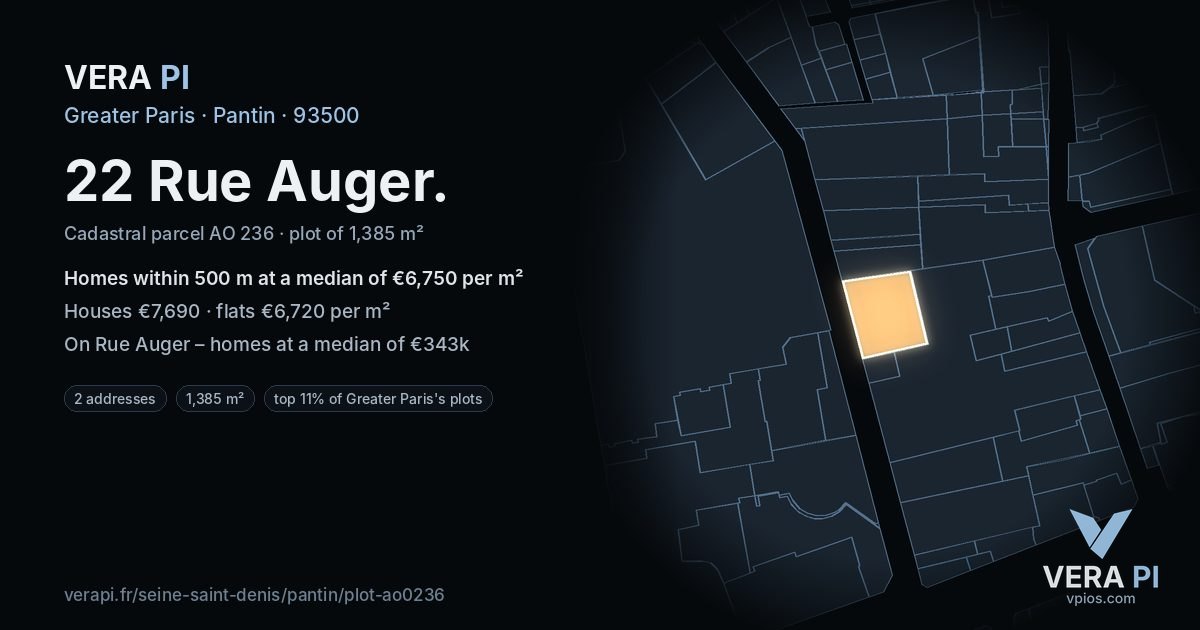 22 Rue Auger, Pantin at night – the plot lit, the parcels around coloured by the prices near them