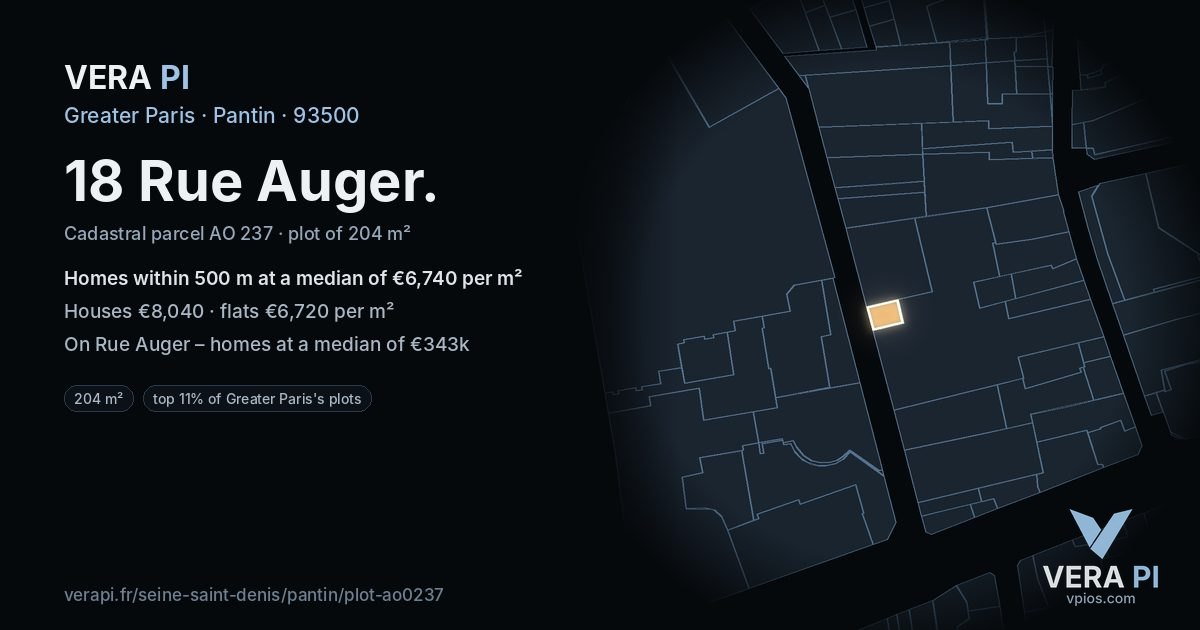18 Rue Auger, Pantin at night – the plot lit, the parcels around coloured by the prices near them