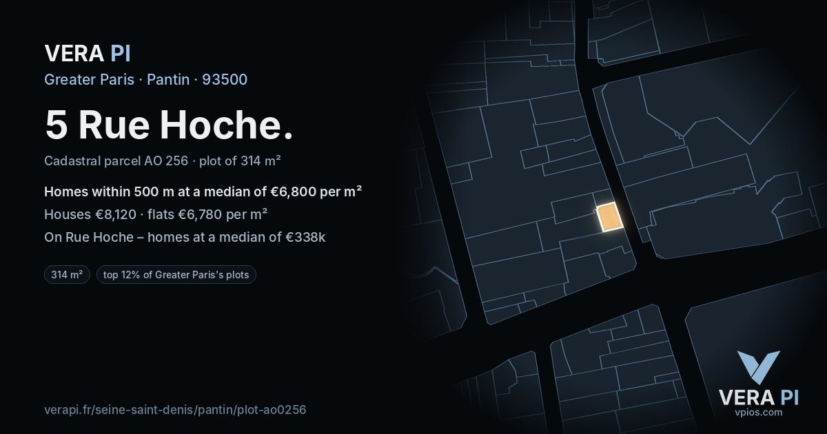 5 Rue Hoche, Pantin at night – the plot lit, the parcels around coloured by the prices near them