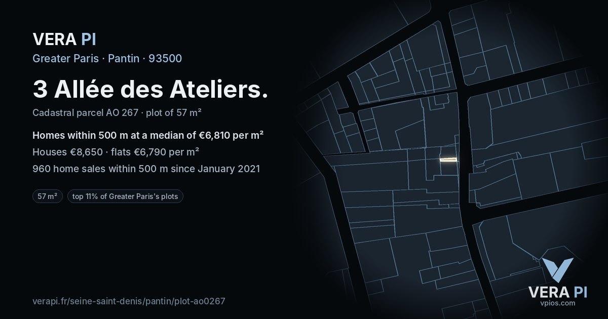 3 Allée des Ateliers, Pantin at night – the plot lit, the parcels around coloured by the prices near them
