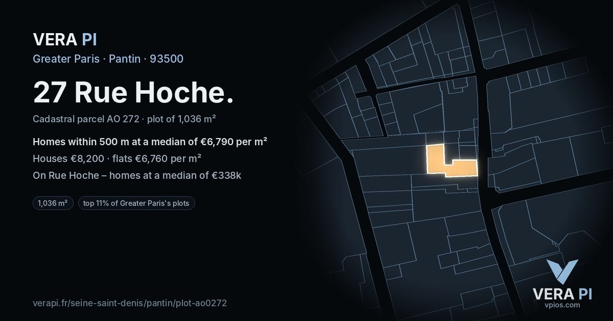 27 Rue Hoche, Pantin at night – the plot lit, the parcels around coloured by the prices near them