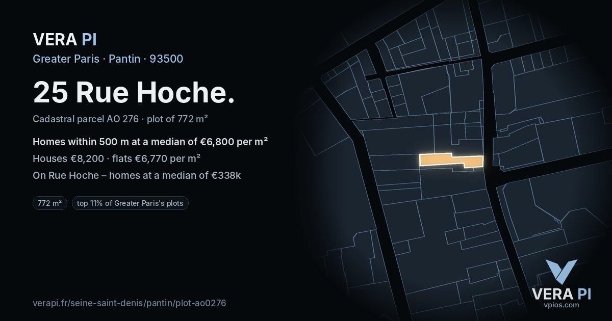 25 Rue Hoche, Pantin at night – the plot lit, the parcels around coloured by the prices near them