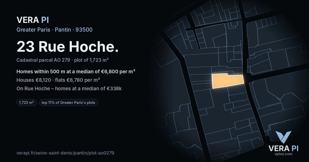 23 Rue Hoche, Pantin at night – the plot lit, the parcels around coloured by the prices near them