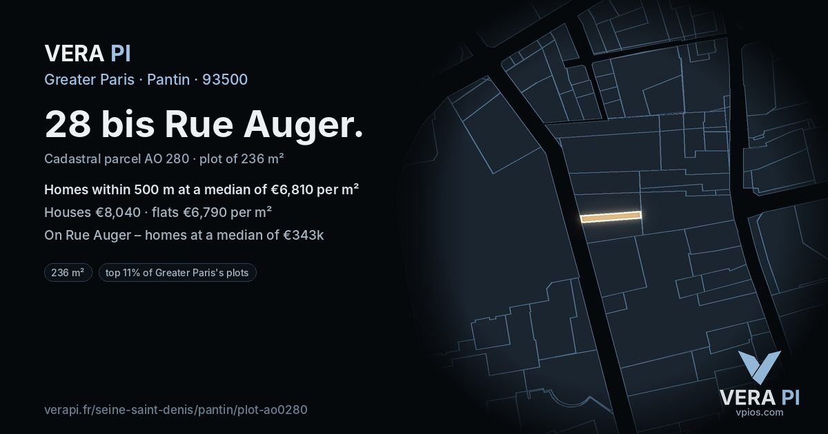 28 bis Rue Auger, Pantin at night – the plot lit, the parcels around coloured by the prices near them