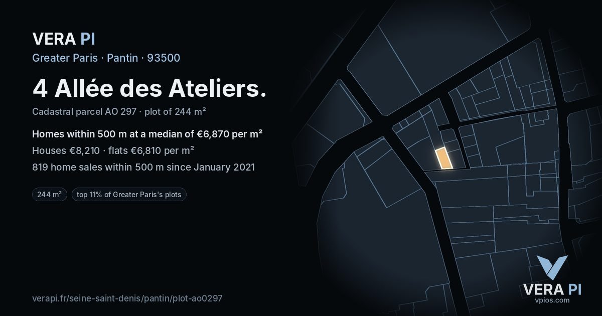 4 Allée des Ateliers, Pantin at night – the plot lit, the parcels around coloured by the prices near them