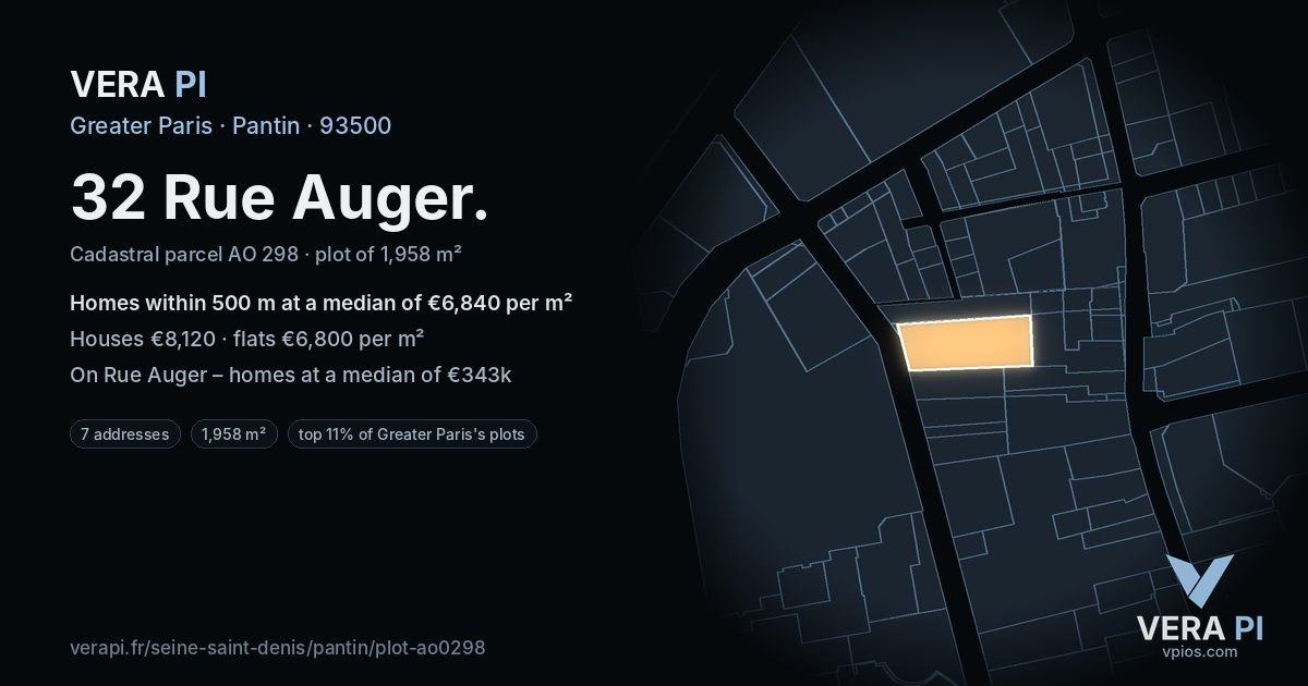 32 Rue Auger, Pantin at night – the plot lit, the parcels around coloured by the prices near them