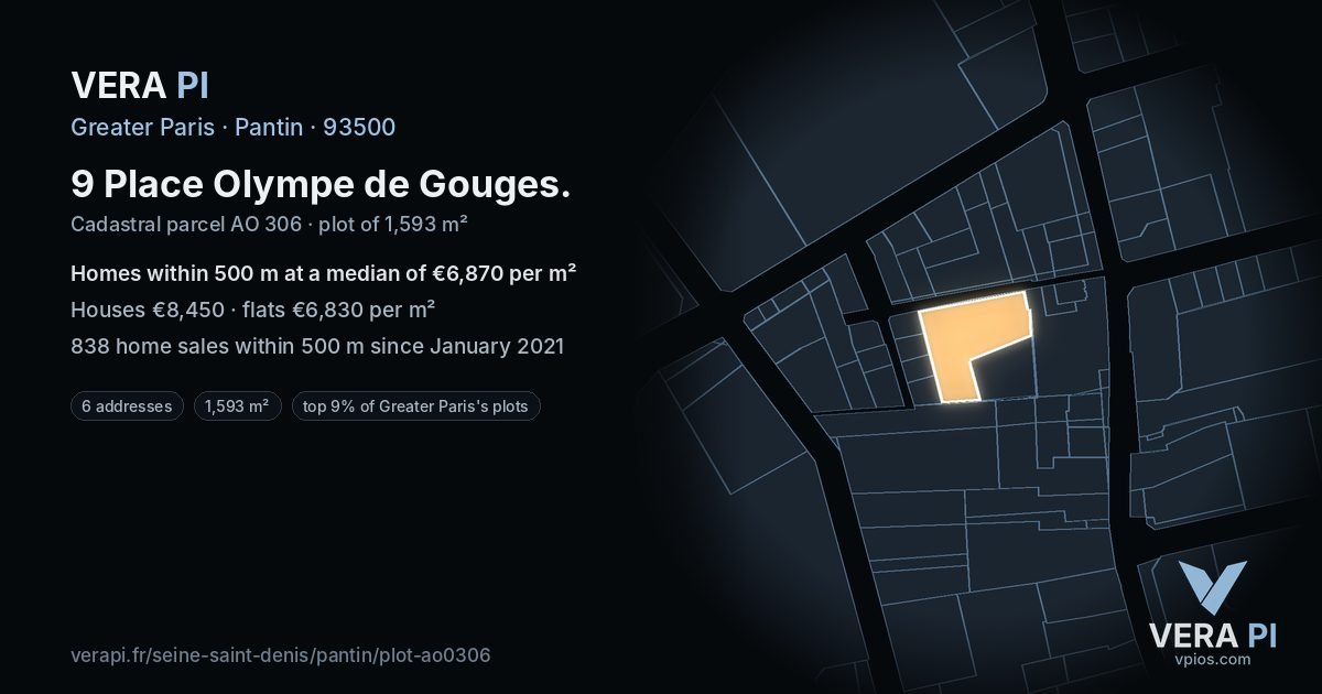 9 Place Olympe de Gouges, Pantin at night – the plot lit, the parcels around coloured by the prices near them