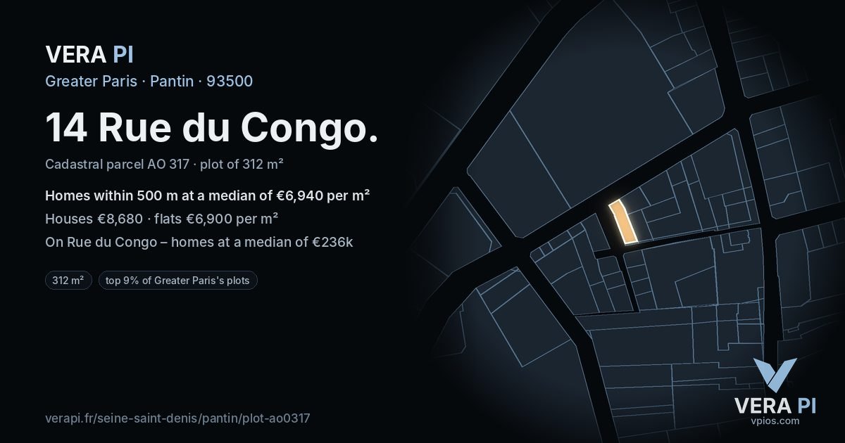 14 Rue du Congo, Pantin at night – the plot lit, the parcels around coloured by the prices near them