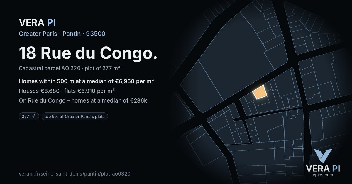 18 Rue du Congo, Pantin at night – the plot lit, the parcels around coloured by the prices near them
