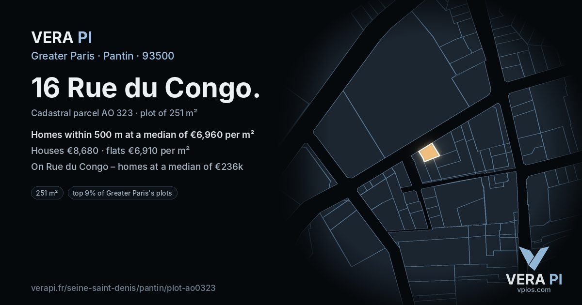 16 Rue du Congo, Pantin at night – the plot lit, the parcels around coloured by the prices near them
