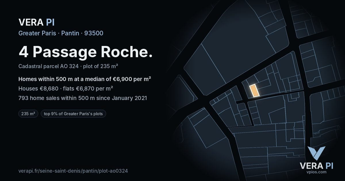 4 Passage Roche, Pantin at night – the plot lit, the parcels around coloured by the prices near them