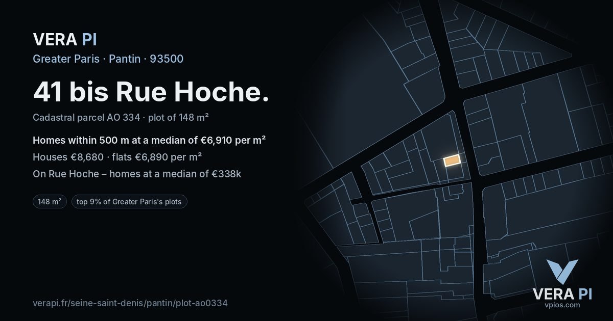 41 bis Rue Hoche, Pantin at night – the plot lit, the parcels around coloured by the prices near them