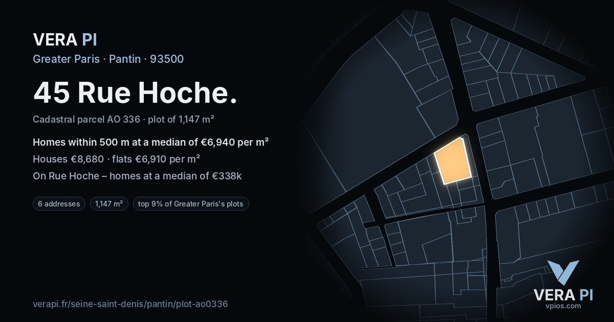 45 Rue Hoche, Pantin at night – the plot lit, the parcels around coloured by the prices near them