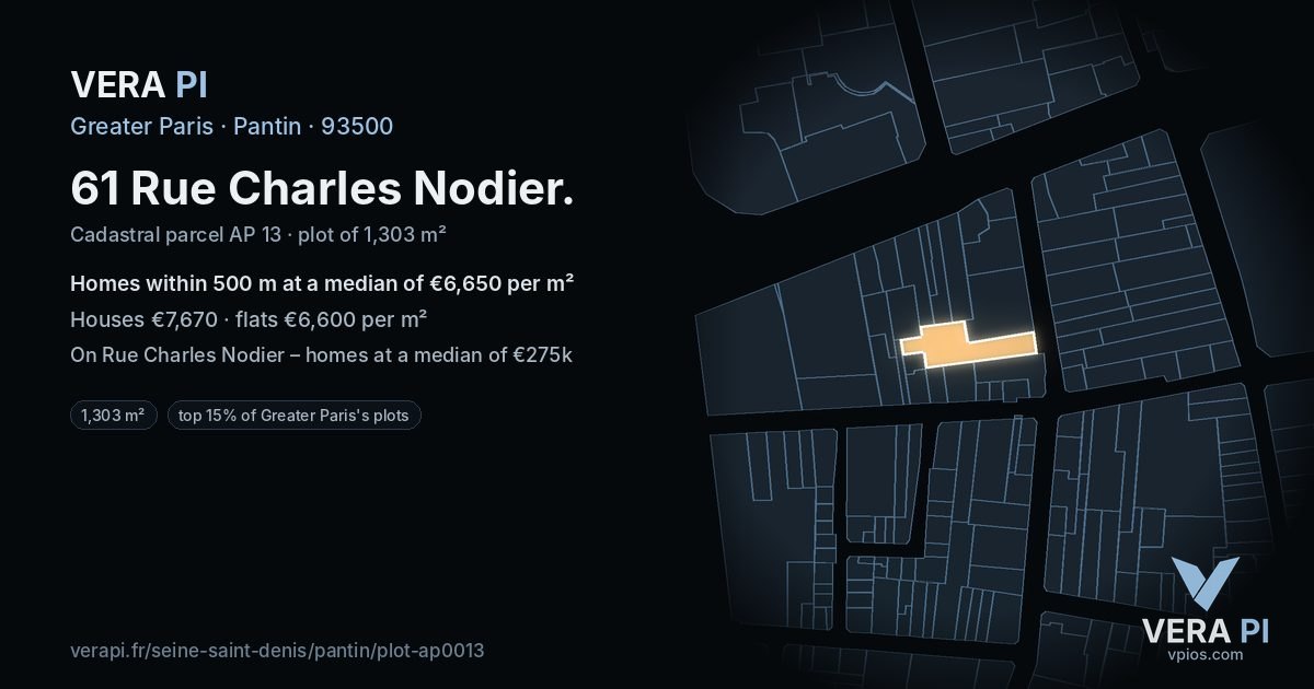 61 Rue Charles Nodier, Pantin at night – the plot lit, the parcels around coloured by the prices near them