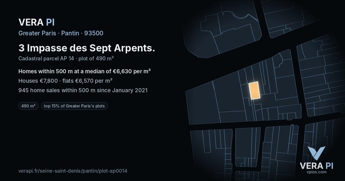 3 Impasse des Sept Arpents, Pantin at night – the plot lit, the parcels around coloured by the prices near them