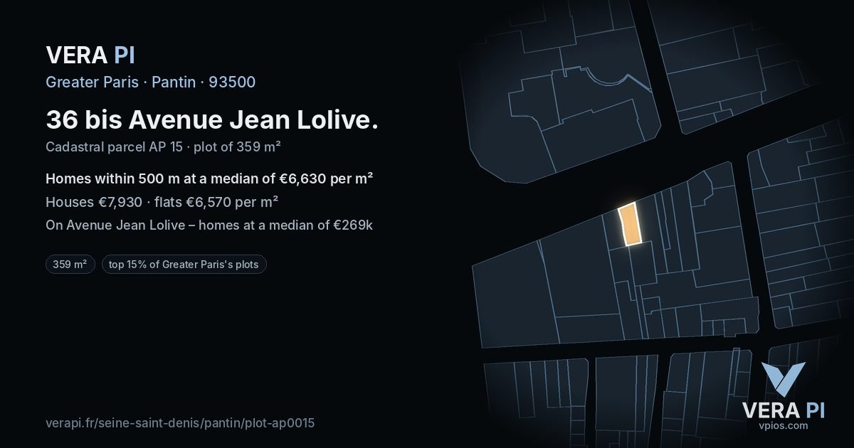 36 bis Avenue Jean Lolive, Pantin at night – the plot lit, the parcels around coloured by the prices near them