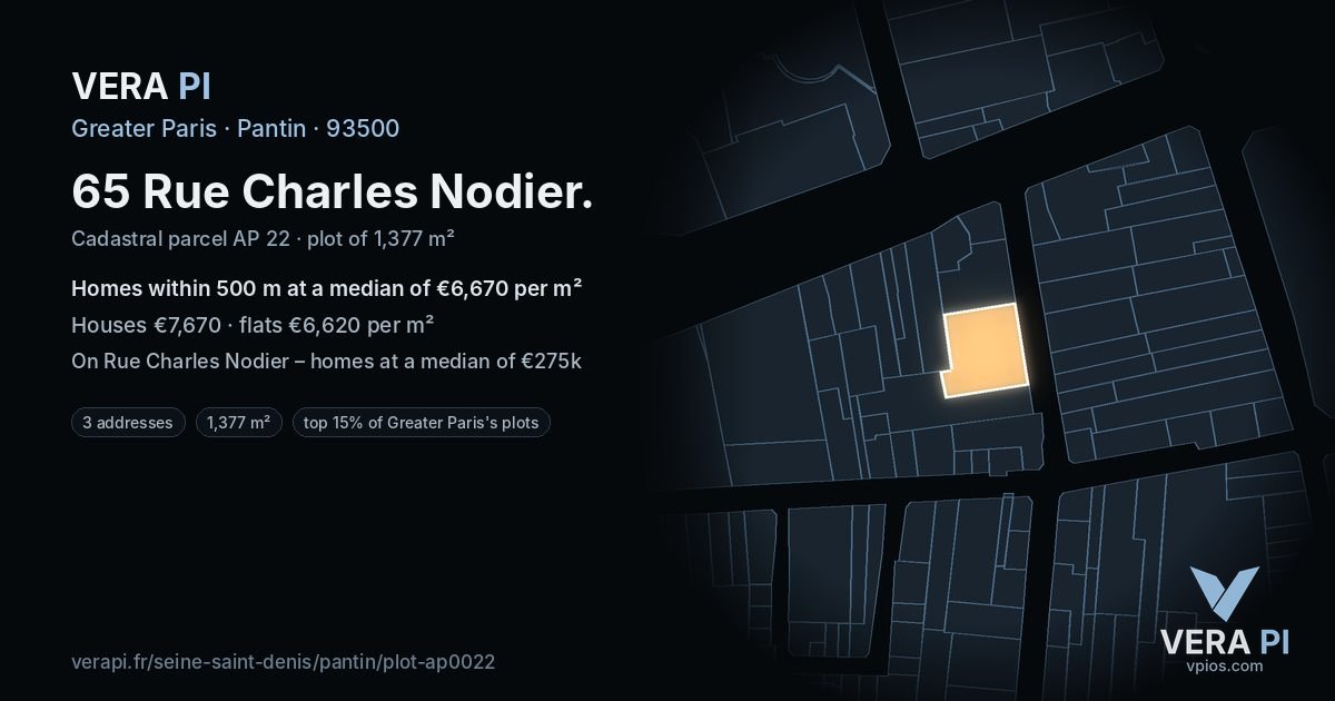 65 Rue Charles Nodier, Pantin at night – the plot lit, the parcels around coloured by the prices near them