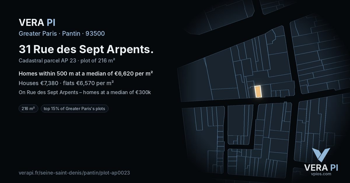 31 Rue des Sept Arpents, Pantin at night – the plot lit, the parcels around coloured by the prices near them