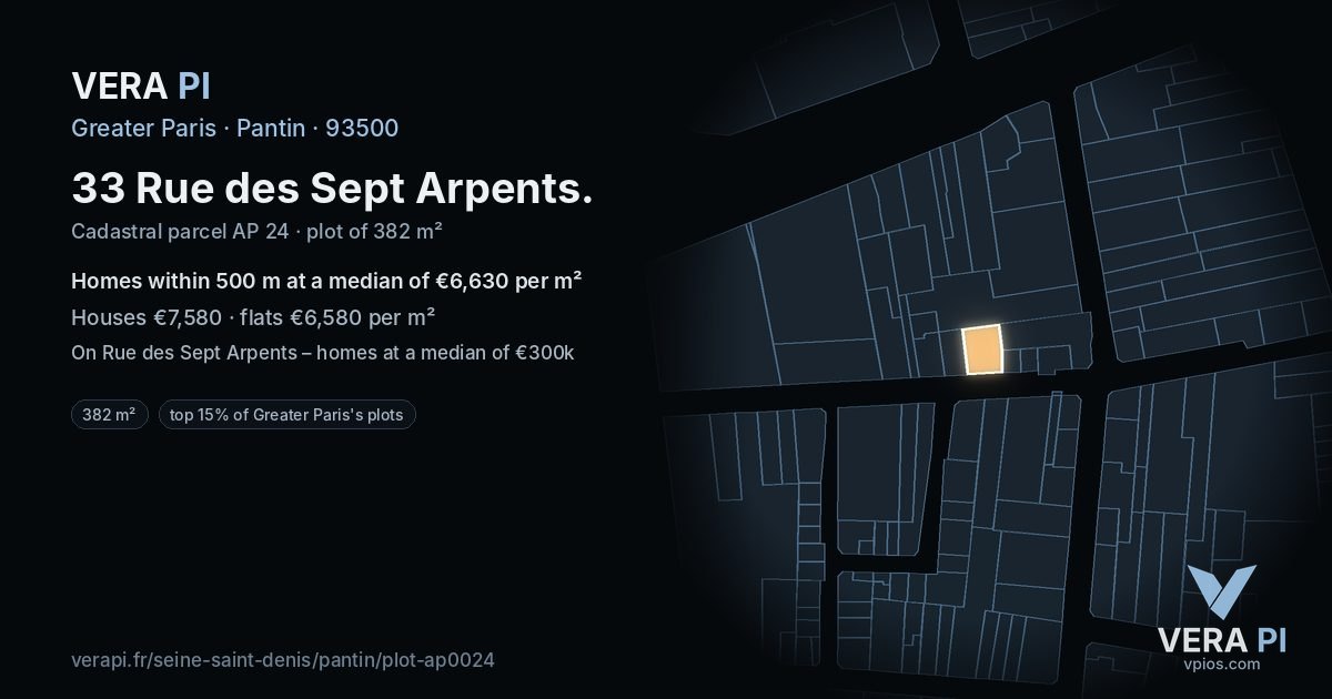 33 Rue des Sept Arpents, Pantin at night – the plot lit, the parcels around coloured by the prices near them