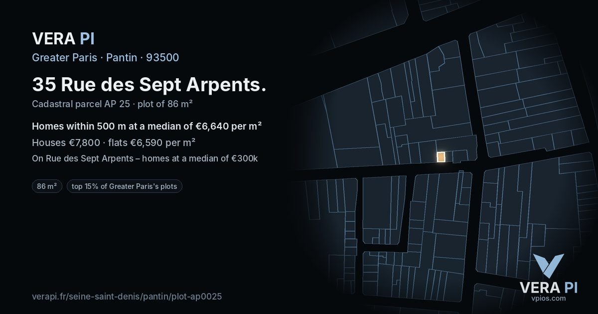 35 Rue des Sept Arpents, Pantin at night – the plot lit, the parcels around coloured by the prices near them