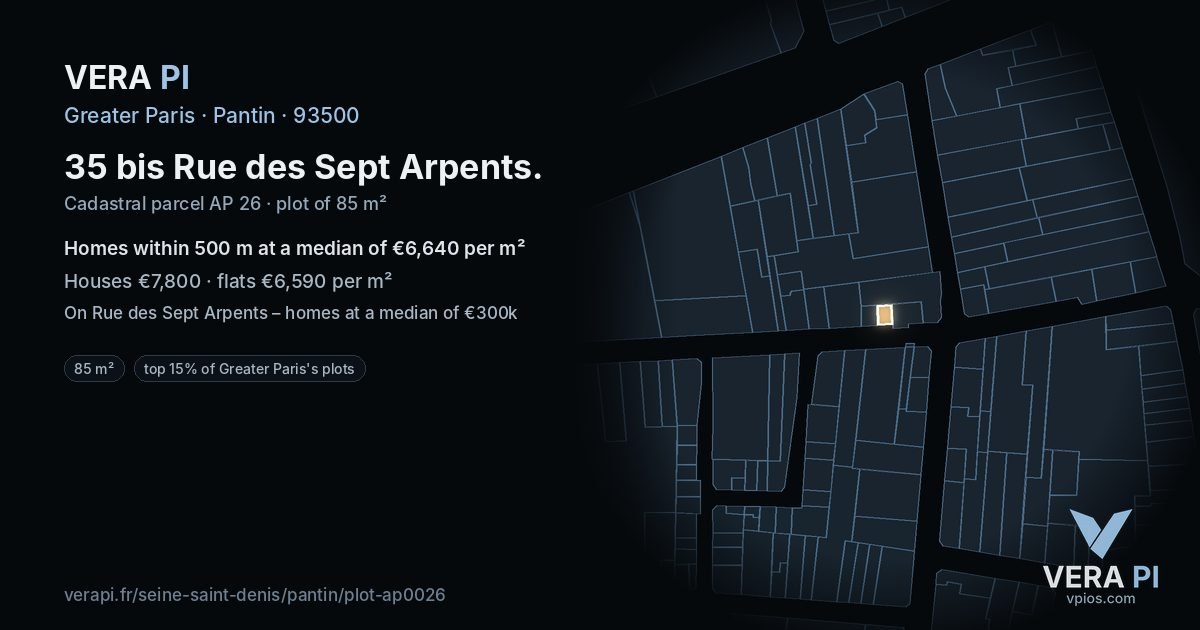 35 bis Rue des Sept Arpents, Pantin at night – the plot lit, the parcels around coloured by the prices near them
