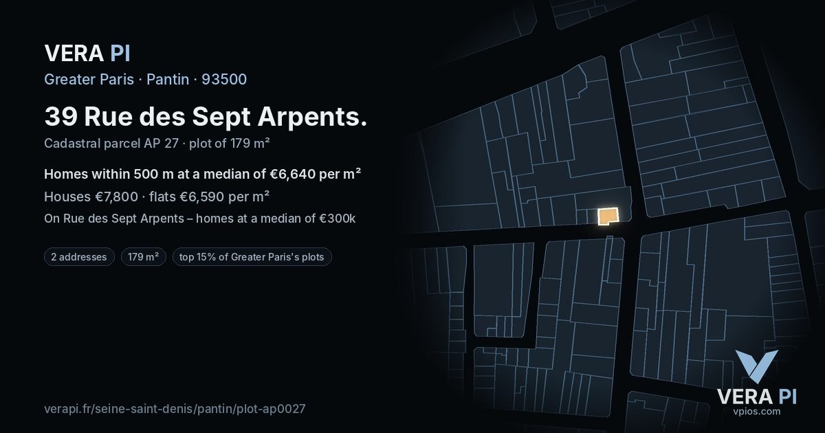 39 Rue des Sept Arpents, Pantin at night – the plot lit, the parcels around coloured by the prices near them