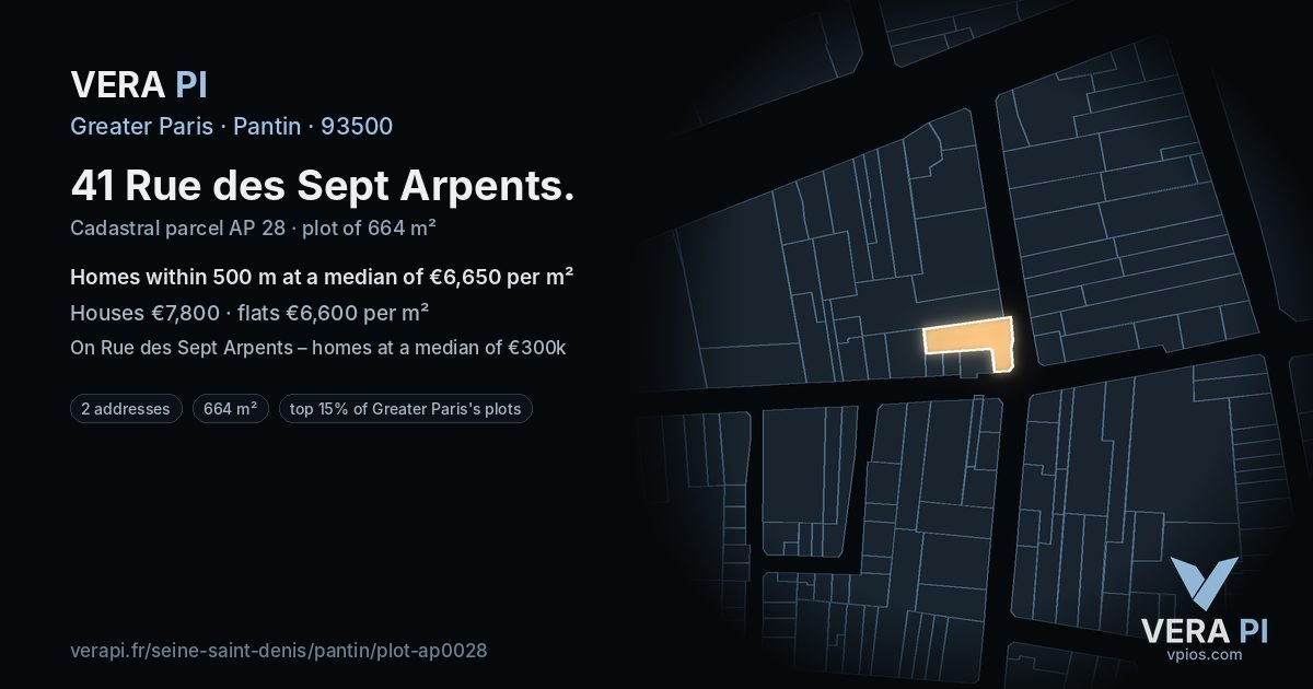 41 Rue des Sept Arpents, Pantin at night – the plot lit, the parcels around coloured by the prices near them