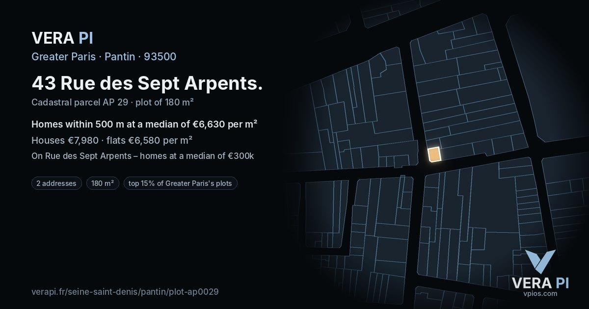43 Rue des Sept Arpents, Pantin at night – the plot lit, the parcels around coloured by the prices near them