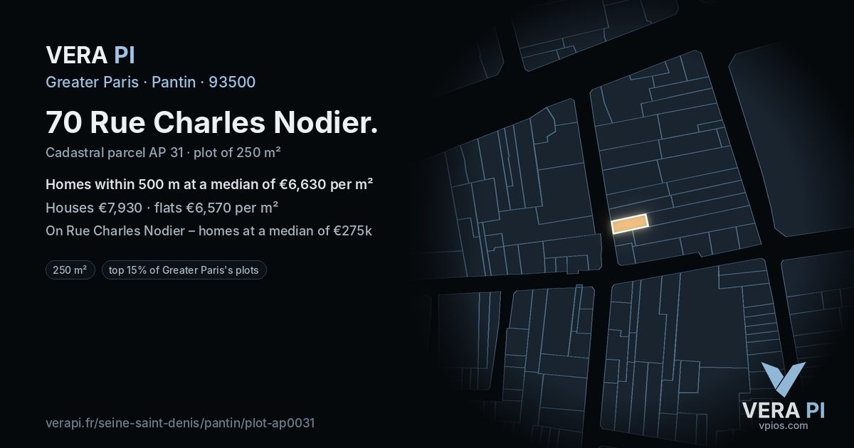 70 Rue Charles Nodier, Pantin at night – the plot lit, the parcels around coloured by the prices near them
