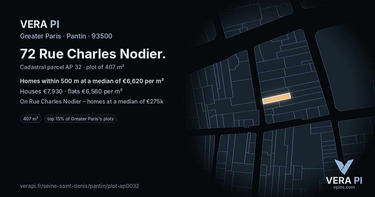 72 Rue Charles Nodier, Pantin at night – the plot lit, the parcels around coloured by the prices near them