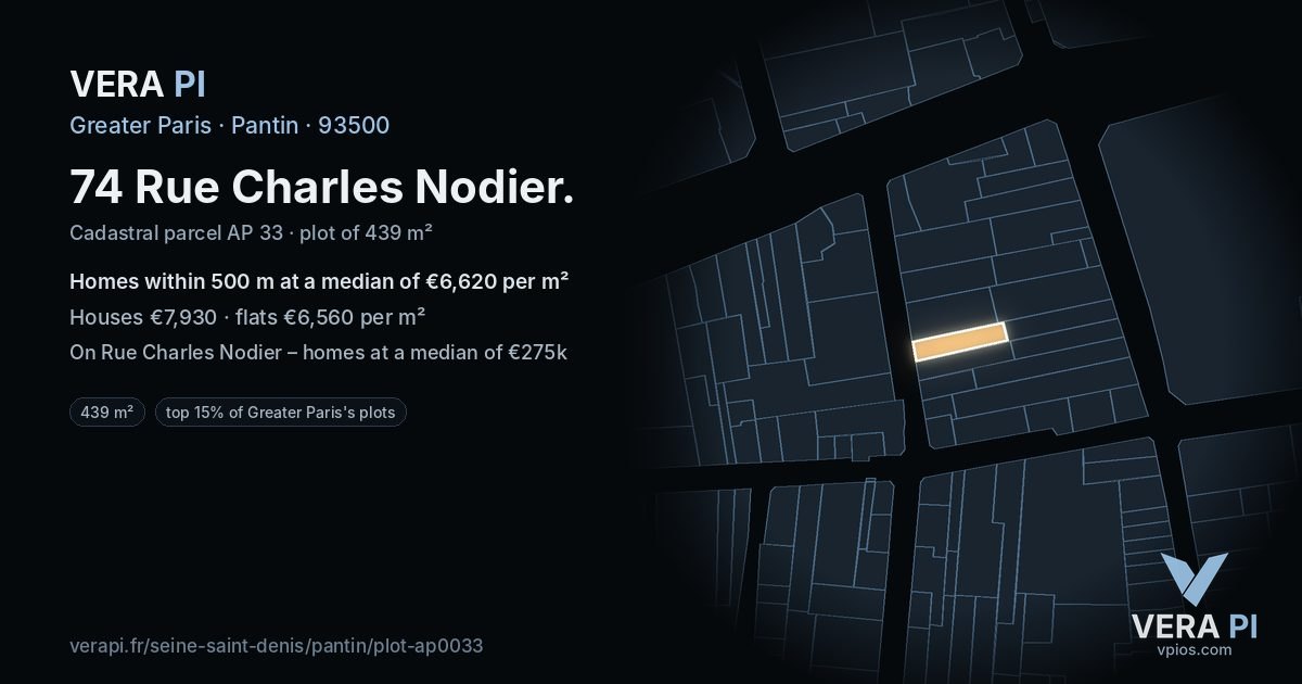 74 Rue Charles Nodier, Pantin at night – the plot lit, the parcels around coloured by the prices near them