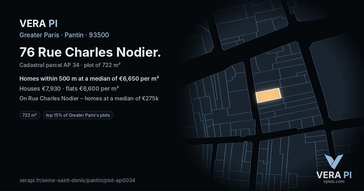 76 Rue Charles Nodier, Pantin at night – the plot lit, the parcels around coloured by the prices near them