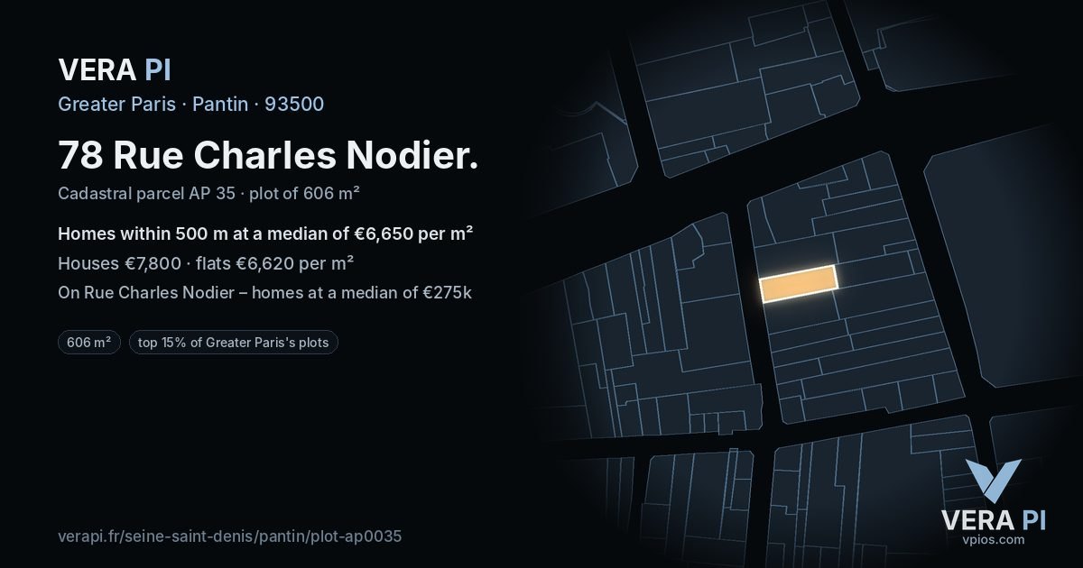 78 Rue Charles Nodier, Pantin at night – the plot lit, the parcels around coloured by the prices near them
