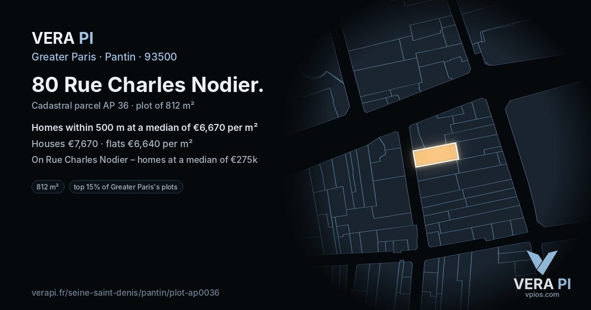80 Rue Charles Nodier, Pantin at night – the plot lit, the parcels around coloured by the prices near them