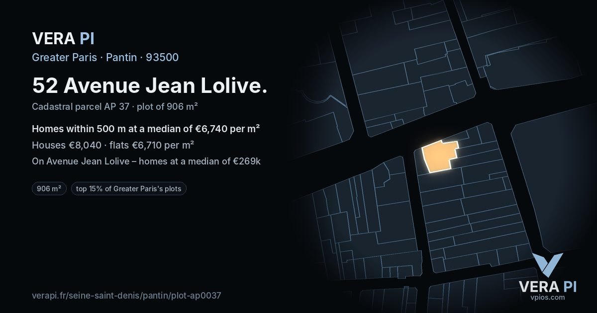 52 Avenue Jean Lolive, Pantin at night – the plot lit, the parcels around coloured by the prices near them