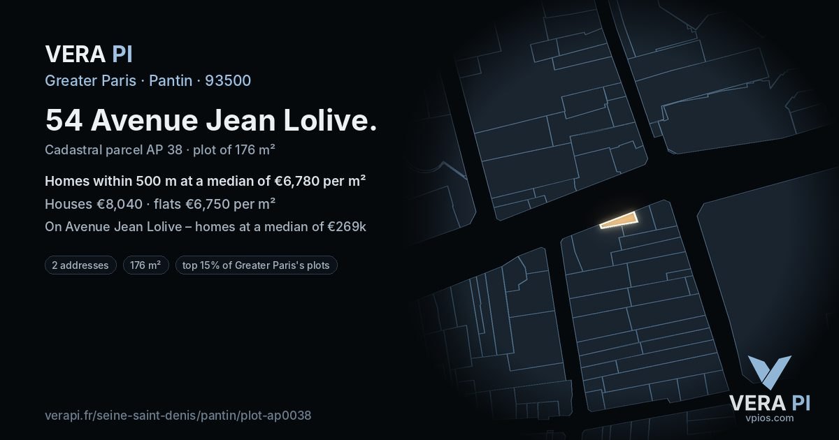 54 Avenue Jean Lolive, Pantin at night – the plot lit, the parcels around coloured by the prices near them