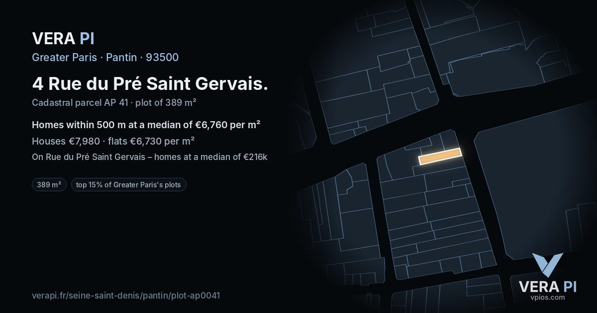 4 Rue du Pré Saint Gervais, Pantin at night – the plot lit, the parcels around coloured by the prices near them