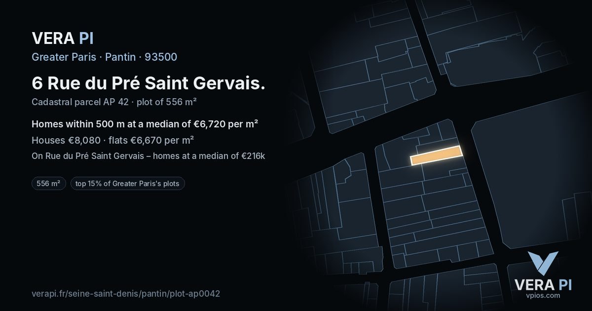 6 Rue du Pré Saint Gervais, Pantin at night – the plot lit, the parcels around coloured by the prices near them
