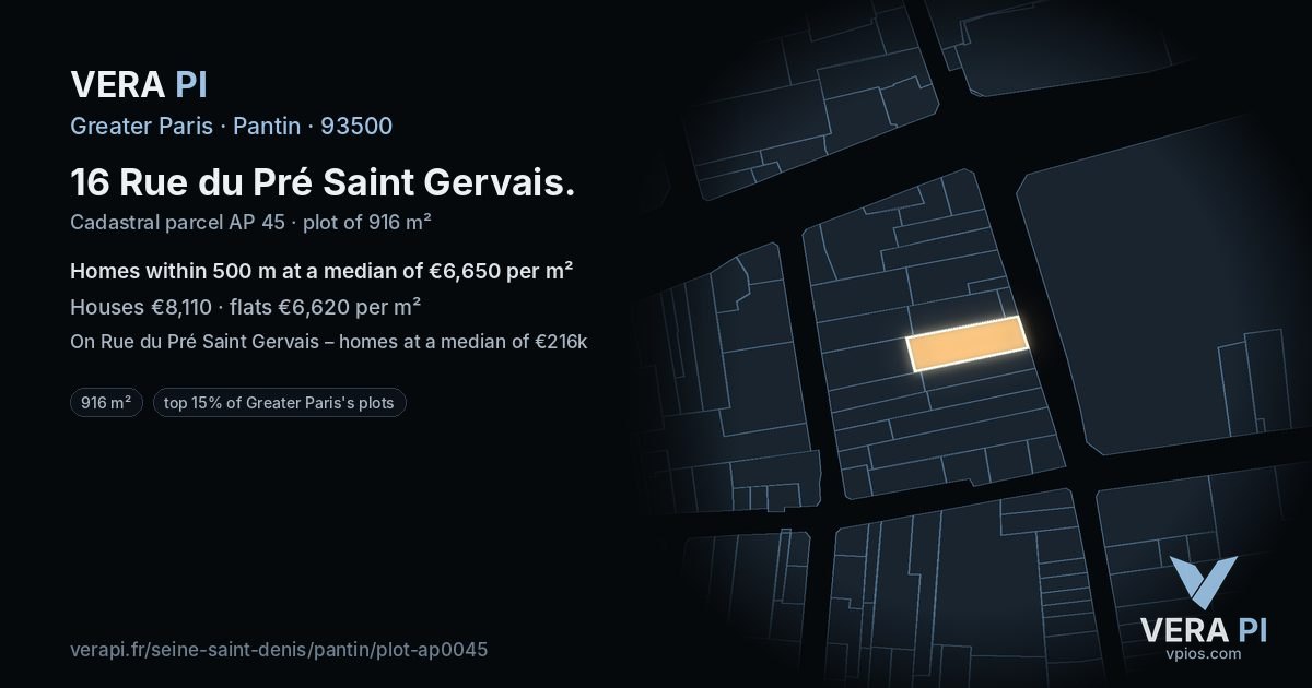 16 Rue du Pré Saint Gervais, Pantin at night – the plot lit, the parcels around coloured by the prices near them