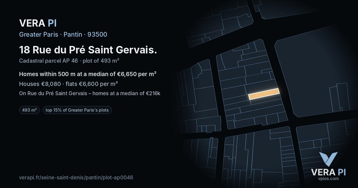 18 Rue du Pré Saint Gervais, Pantin at night – the plot lit, the parcels around coloured by the prices near them