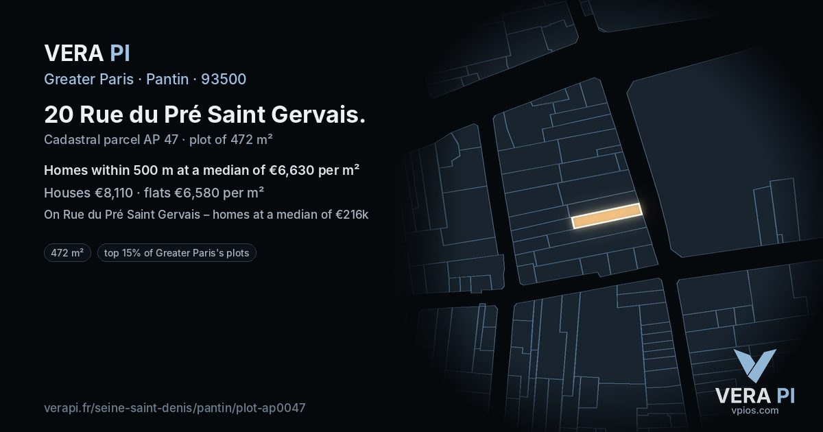 20 Rue du Pré Saint Gervais, Pantin at night – the plot lit, the parcels around coloured by the prices near them