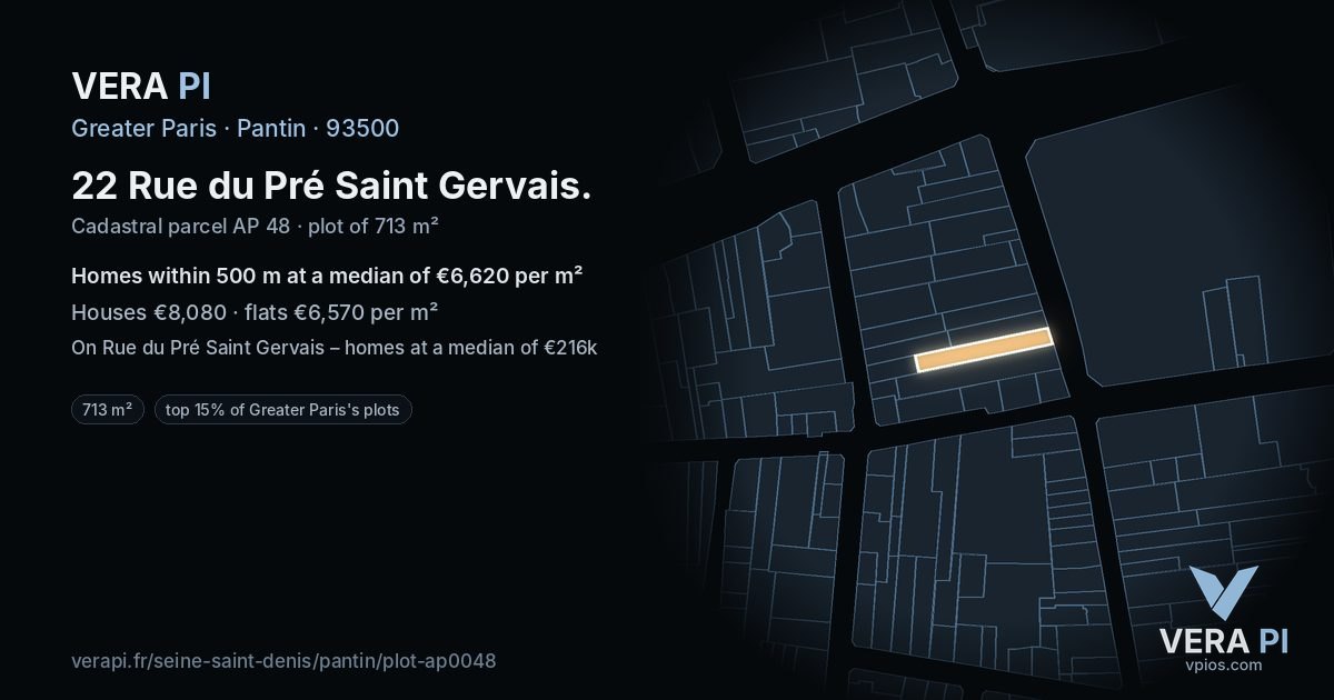 22 Rue du Pré Saint Gervais, Pantin at night – the plot lit, the parcels around coloured by the prices near them