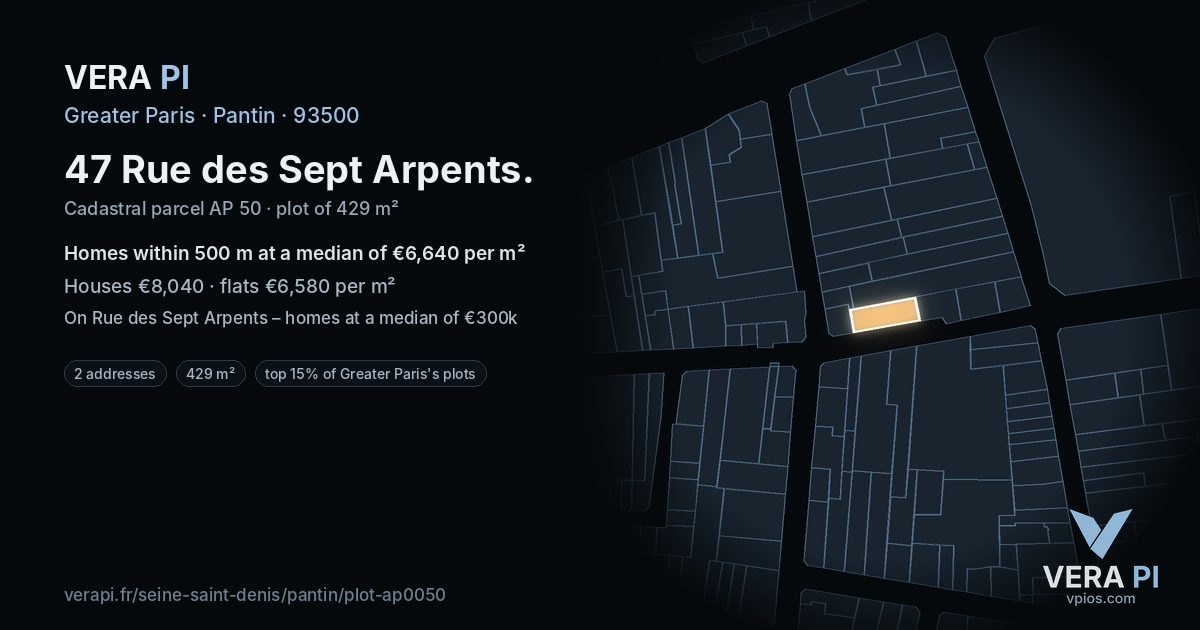 47 Rue des Sept Arpents, Pantin at night – the plot lit, the parcels around coloured by the prices near them