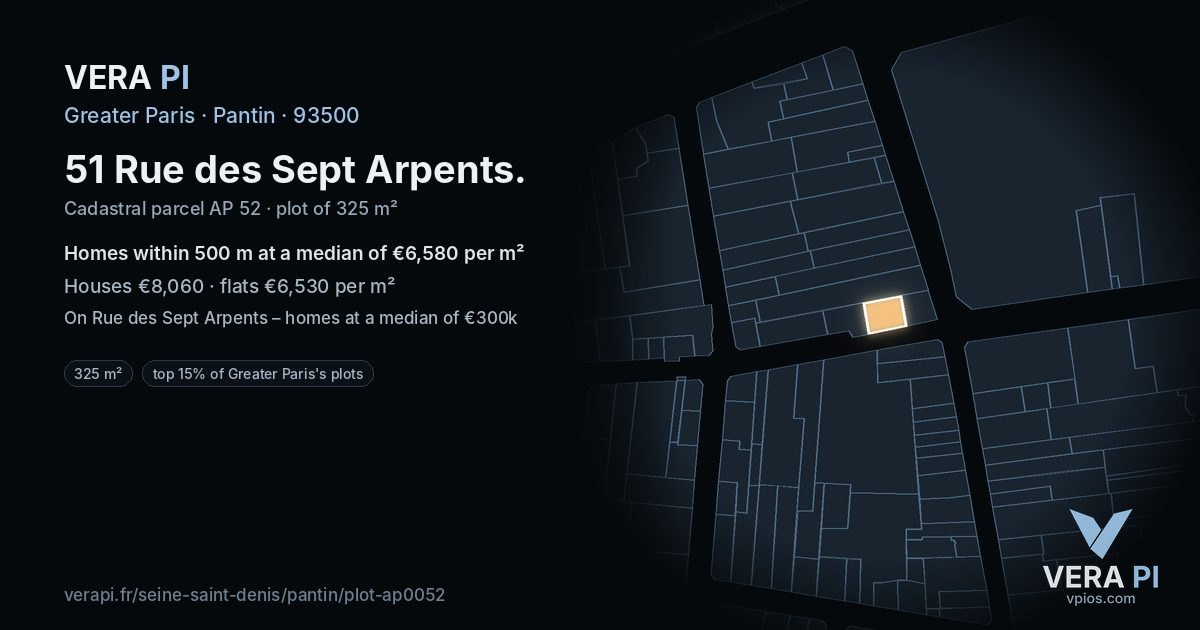 51 Rue des Sept Arpents, Pantin at night – the plot lit, the parcels around coloured by the prices near them