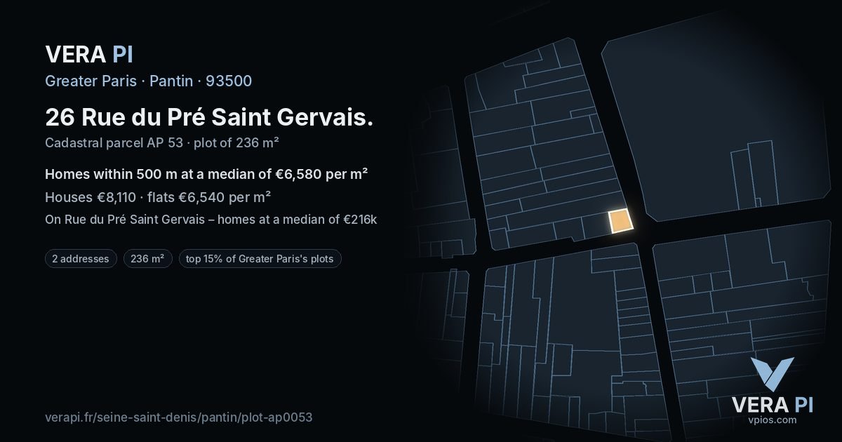 26 Rue du Pré Saint Gervais, Pantin at night – the plot lit, the parcels around coloured by the prices near them