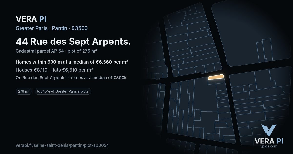44 Rue des Sept Arpents, Pantin at night – the plot lit, the parcels around coloured by the prices near them