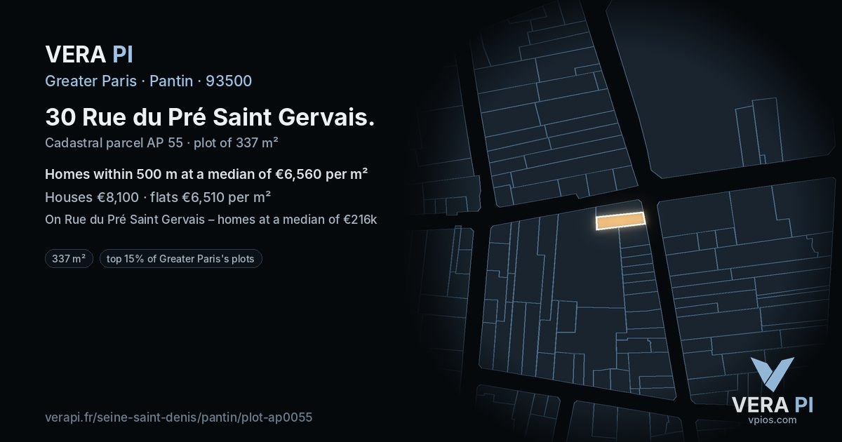 30 Rue du Pré Saint Gervais, Pantin at night – the plot lit, the parcels around coloured by the prices near them