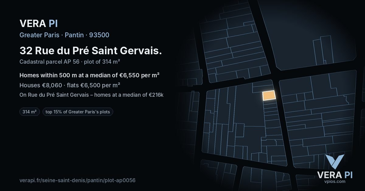 32 Rue du Pré Saint Gervais, Pantin at night – the plot lit, the parcels around coloured by the prices near them